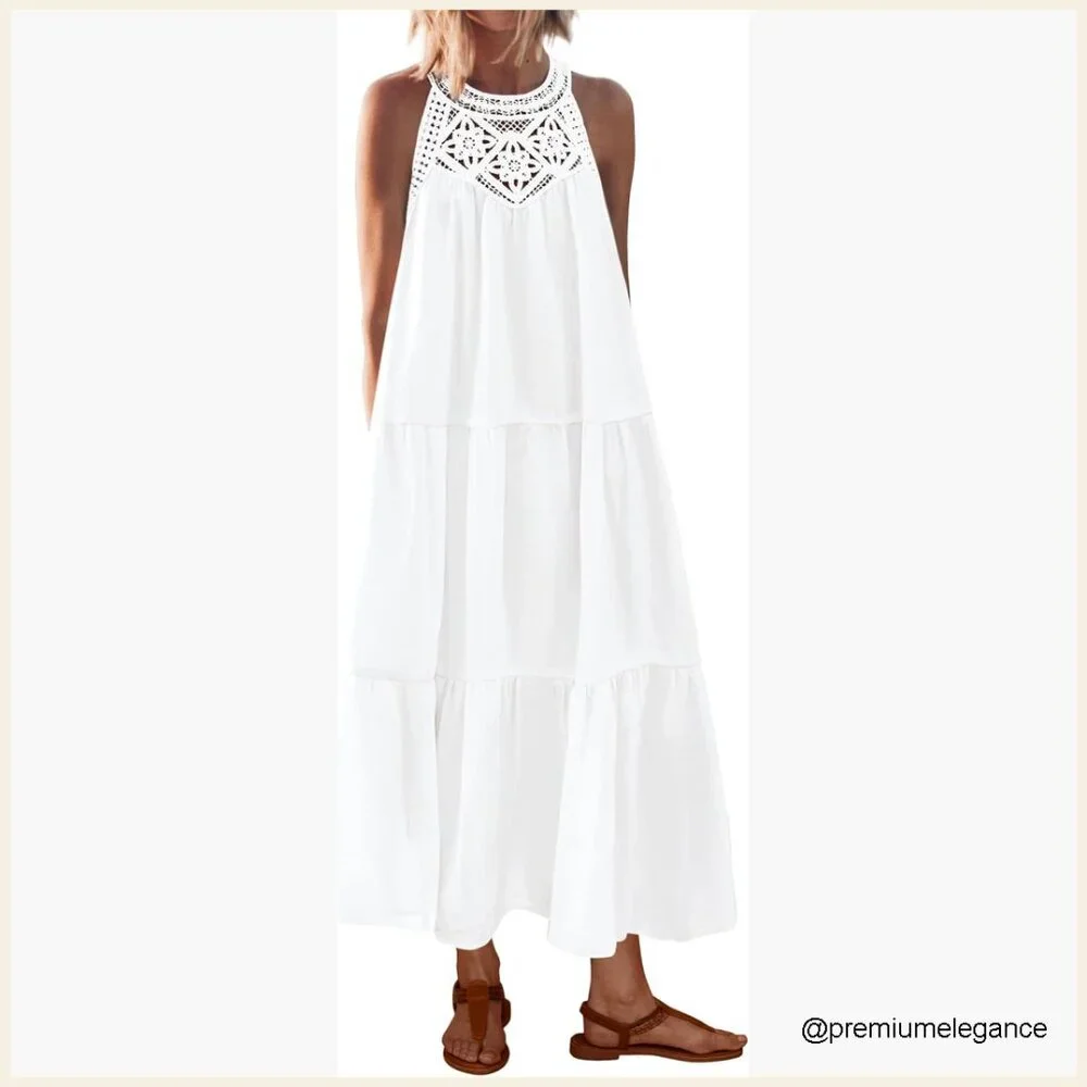 Halter Hollow Out Maxi Dress Sleeveless Boho Sundress Casual Beach Vacation - Picture 1 of 7